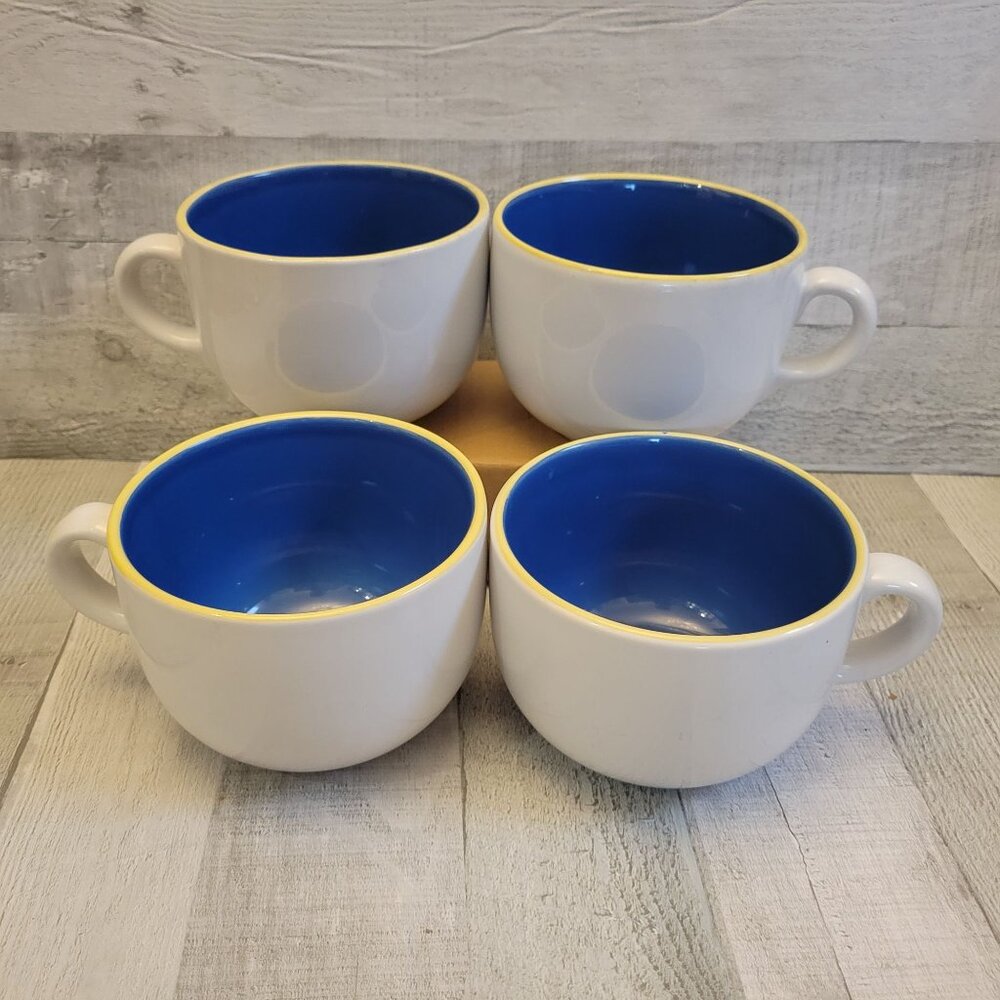 Set Of 4 Multicolor Ceramic Soup Mugs With Blue Interior & Yellow Rim 3.5" Tall